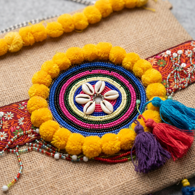 Beaded shell flower and yellow pom-pom detail, AI-generated detail image