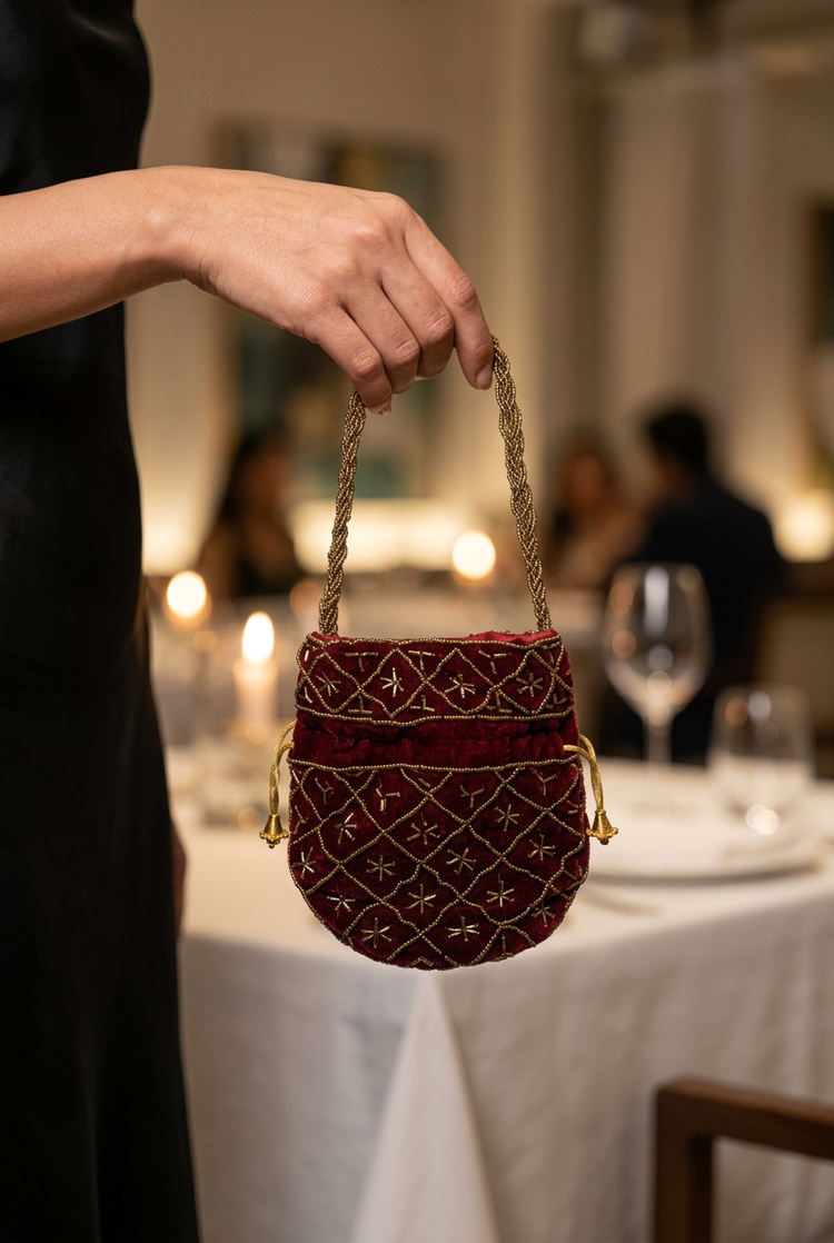 Burgundy mini potli styled for an evening dinner