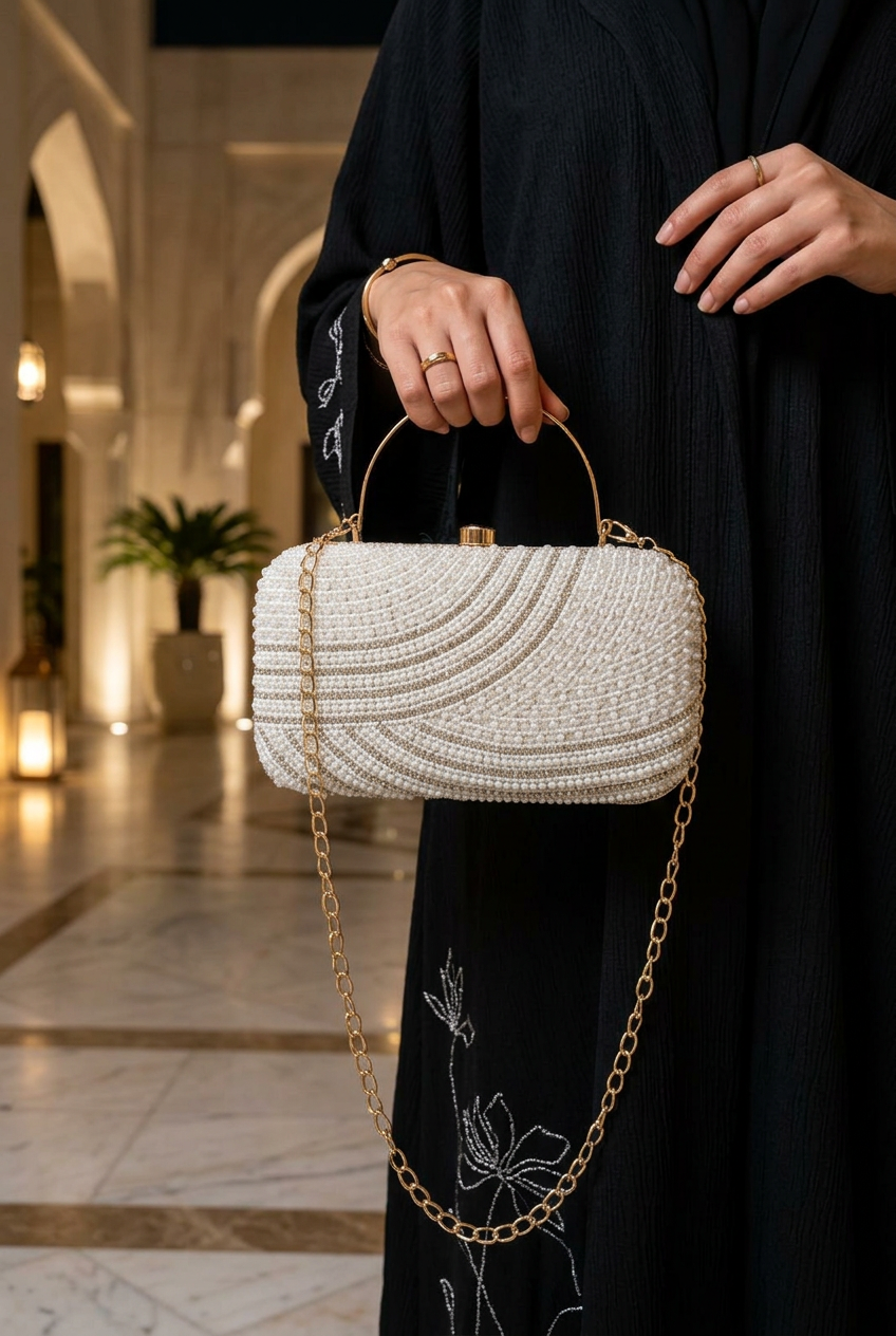 Satin Current Silver wave beaded clutch styled with an abaya