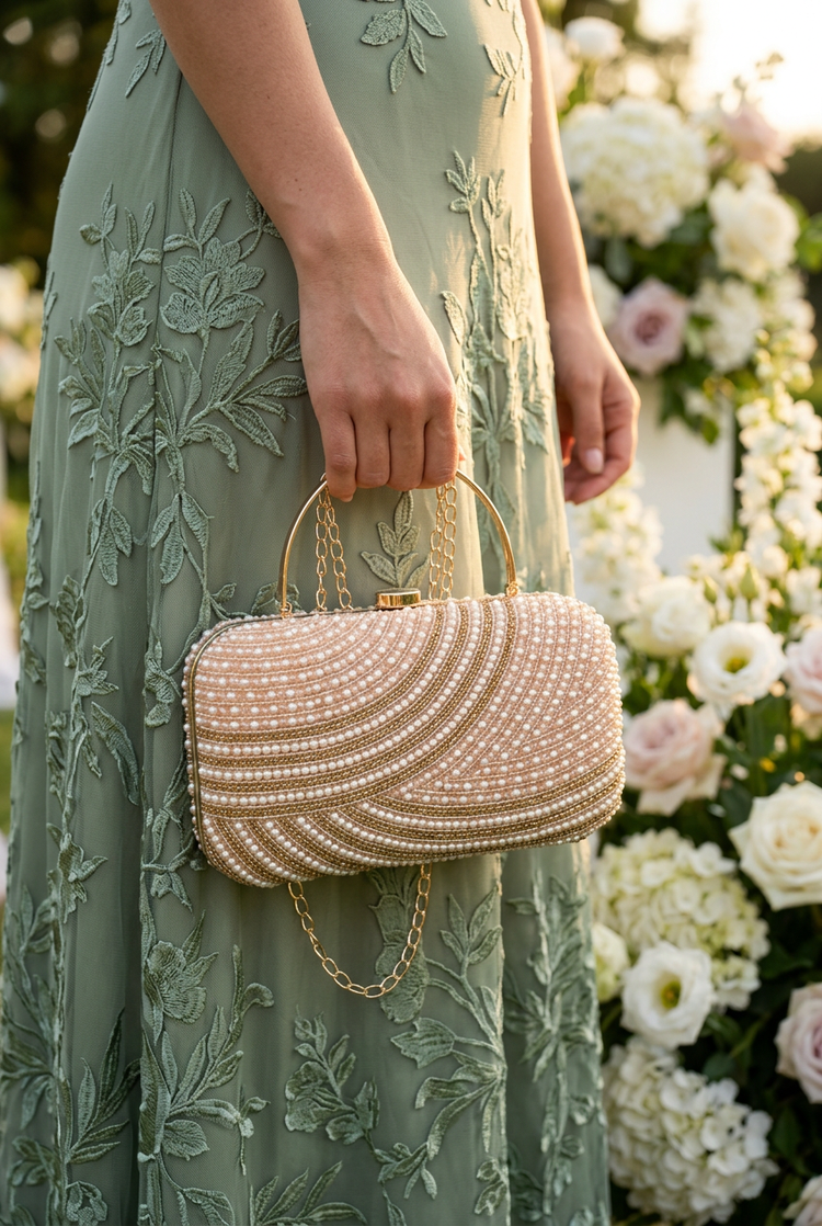 Satin Current Beige wave beaded clutch at a wedding