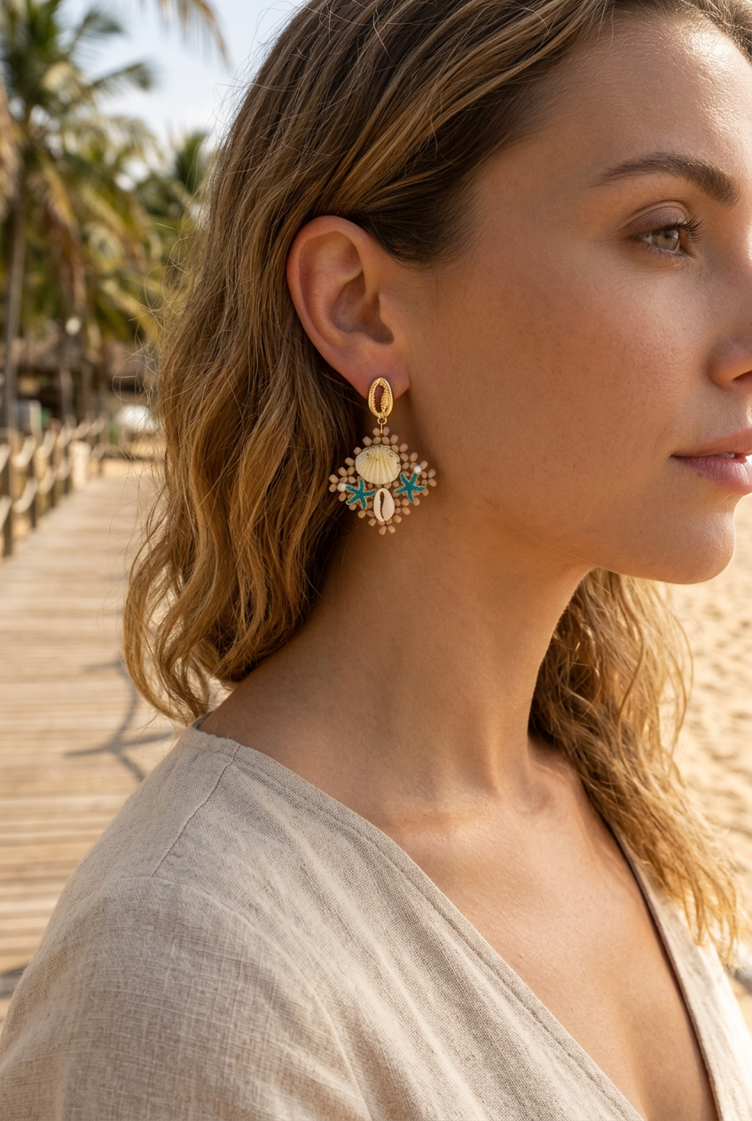 Seashell starfish earrings worn on a sunny boardwalk