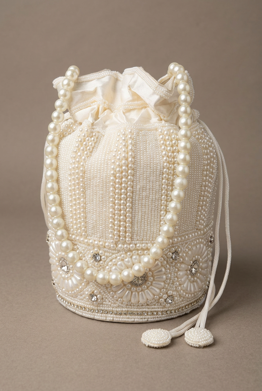 Pearl Cascade ivory beaded potli, angled studio view