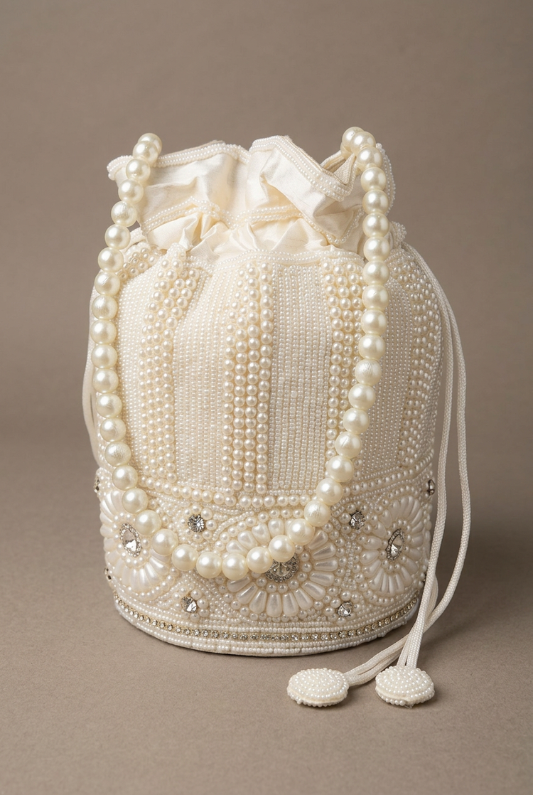 Pearl Cascade ivory beaded potli, angled studio view