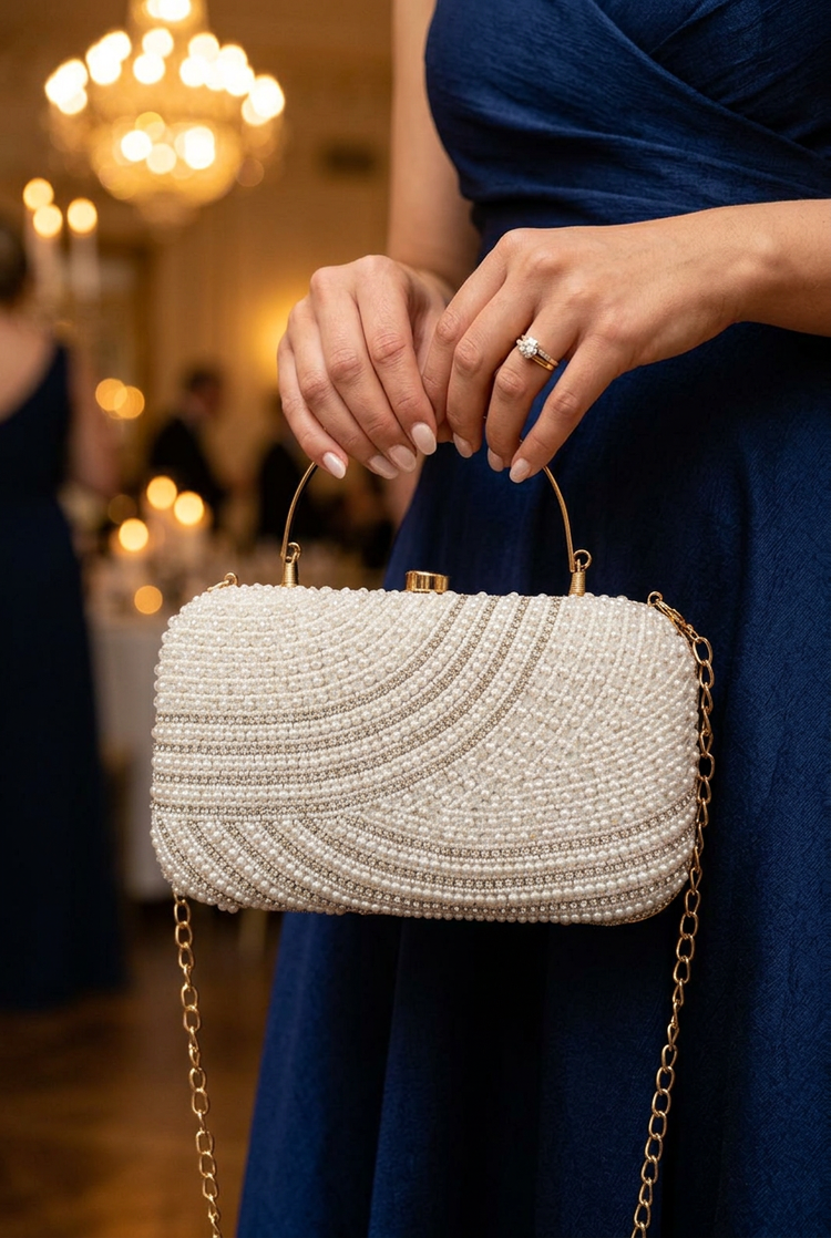 Satin Current Silver wave beaded clutch at an evening reception