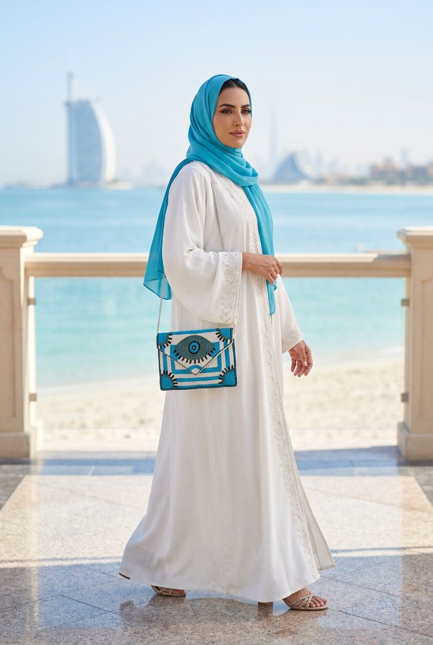 Turquoise and white beaded eye envelope clutch on a silver chain with a white abaya and turquoise shayla by the Jumeirah sea
