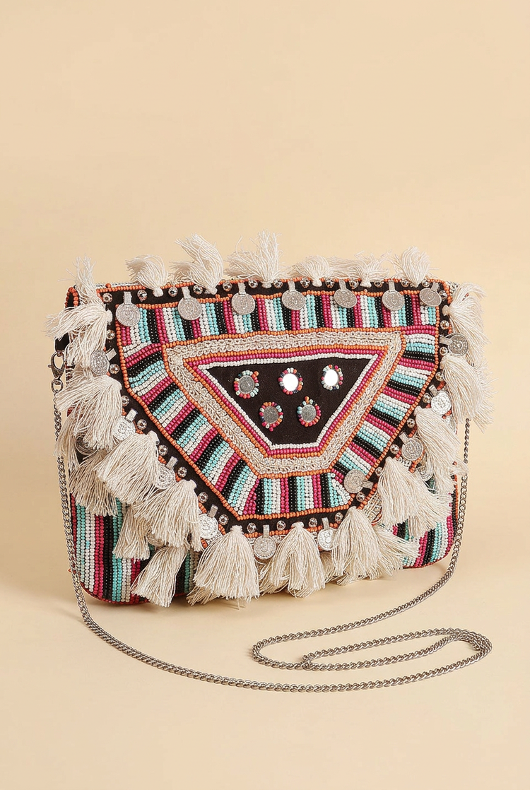 Tribal Prism black beaded triangle tassel bag, studio