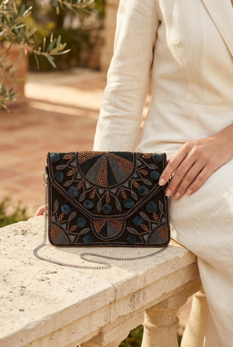Midnight Mosaic bag styled with ivory linen