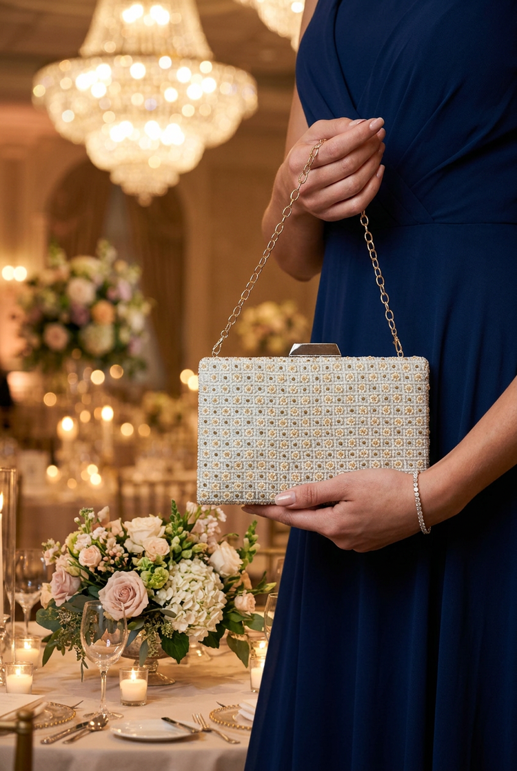 Pearl Trellis ivory beaded box clutch styled for an evening reception