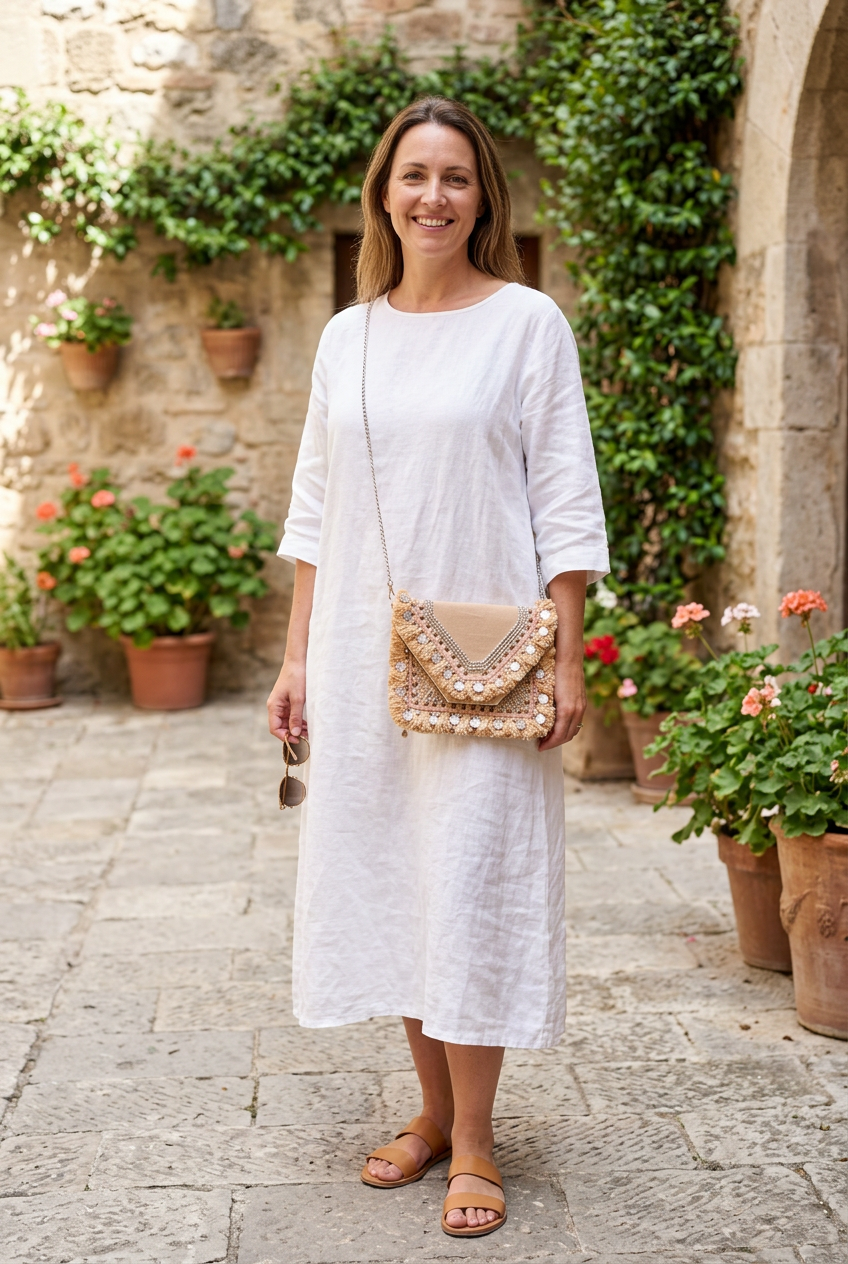 Small blush clutch with long silver chain and white linen, AI-generated lifestyle image