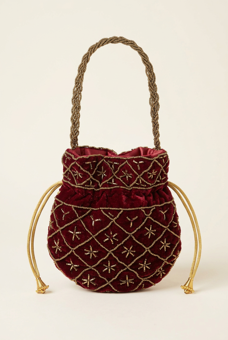 Burgundy mini beaded potli bag studio view