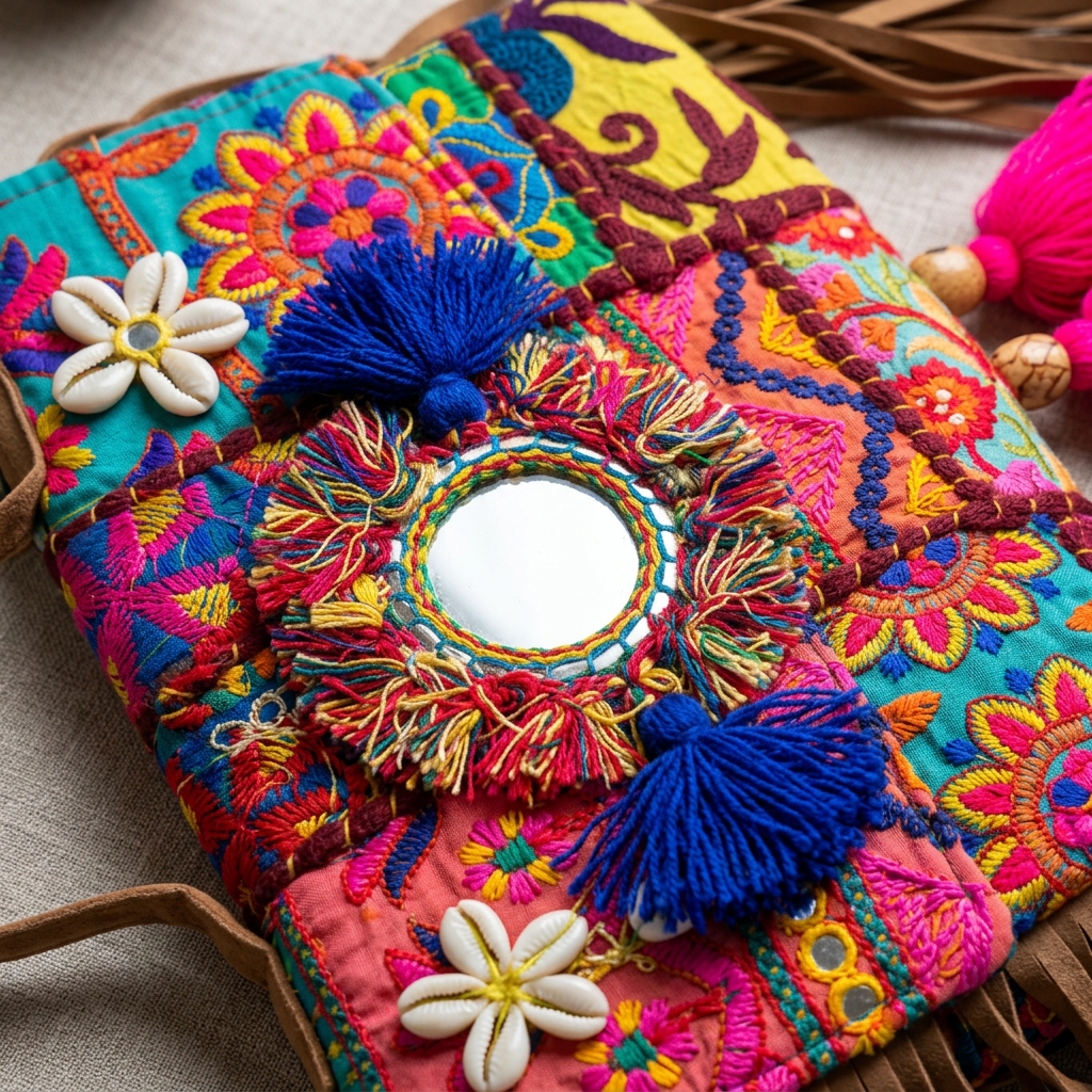 Patchwork embroidery and mirror detail, AI-generated detail image