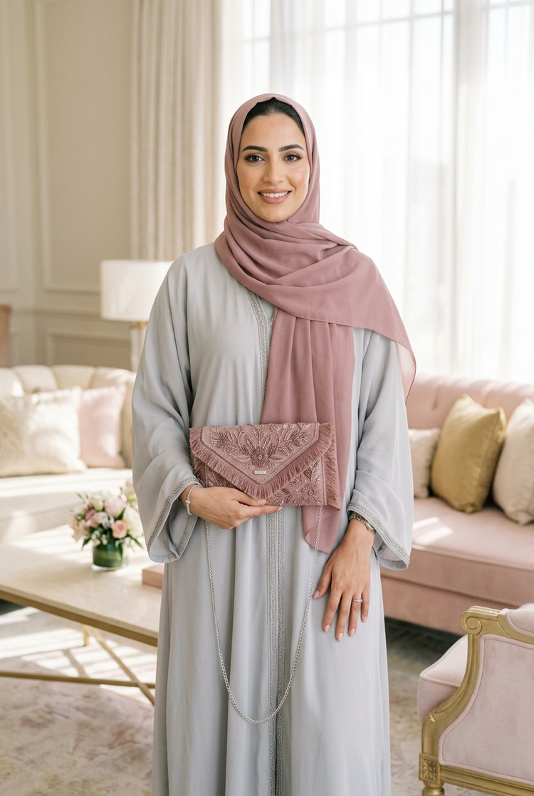 Dusty rose floral beaded fringe clutch held in hand with a soft grey abaya and dusty rose shayla in a pastel lounge