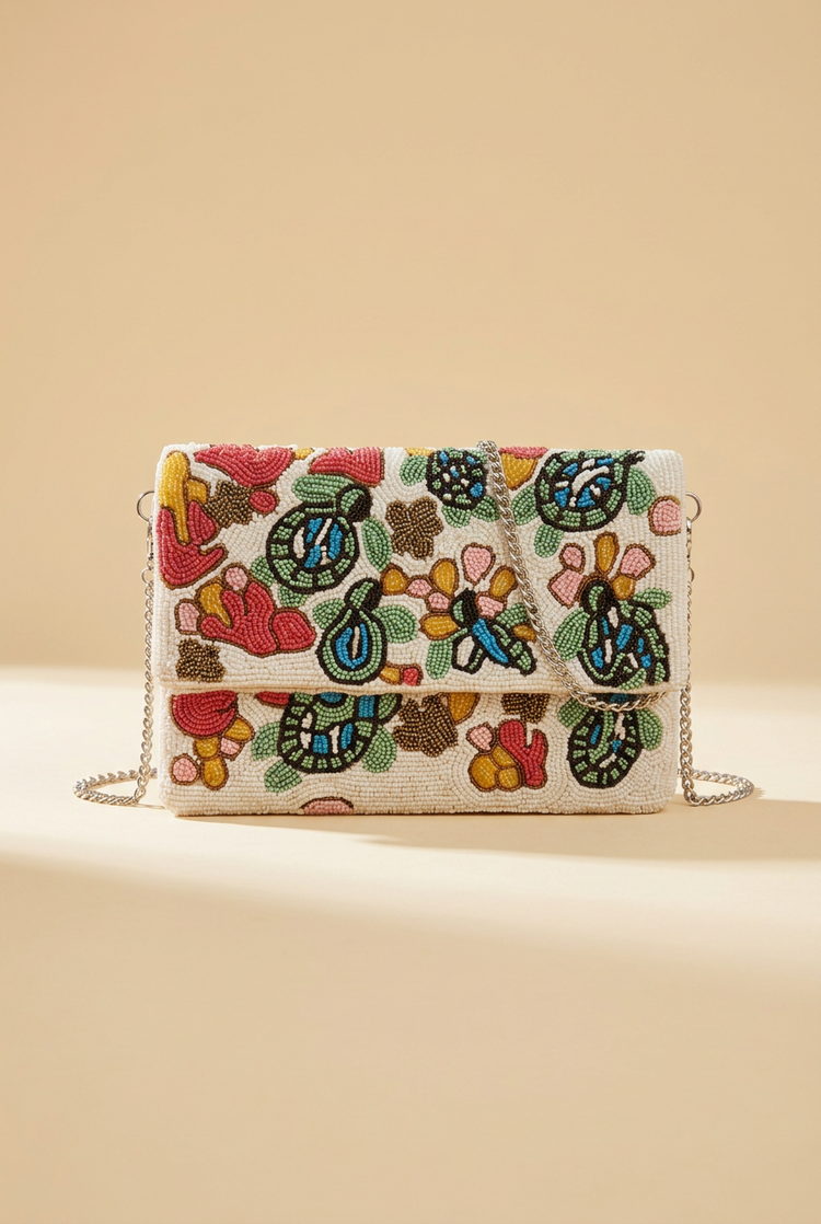 Bloom Parade ivory floral beaded flap bag, studio