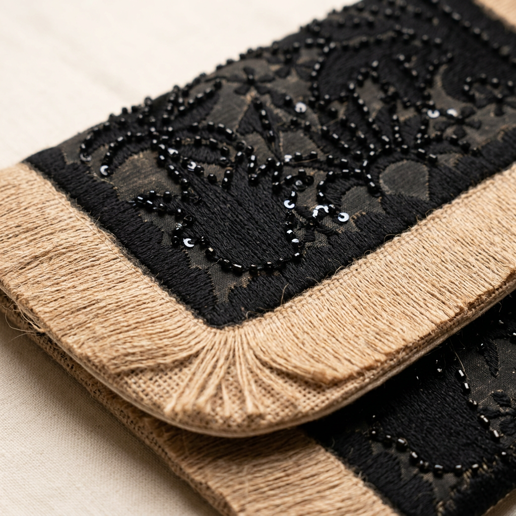 Detail of black floral sequins and beige fringe on clutch