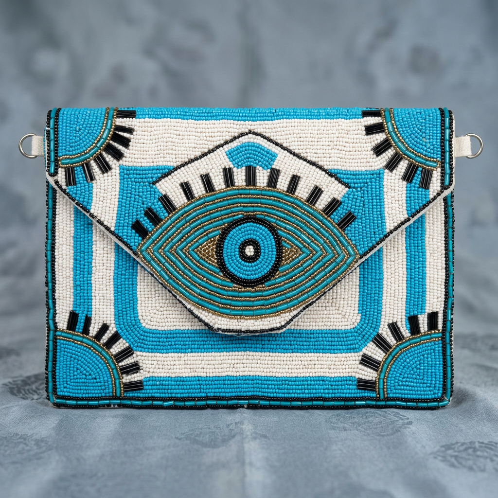 Turquoise eye motif and geometric beadwork, AI-generated detail image