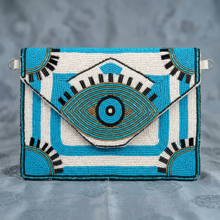 Turquoise eye motif and geometric beadwork, AI-generated detail image