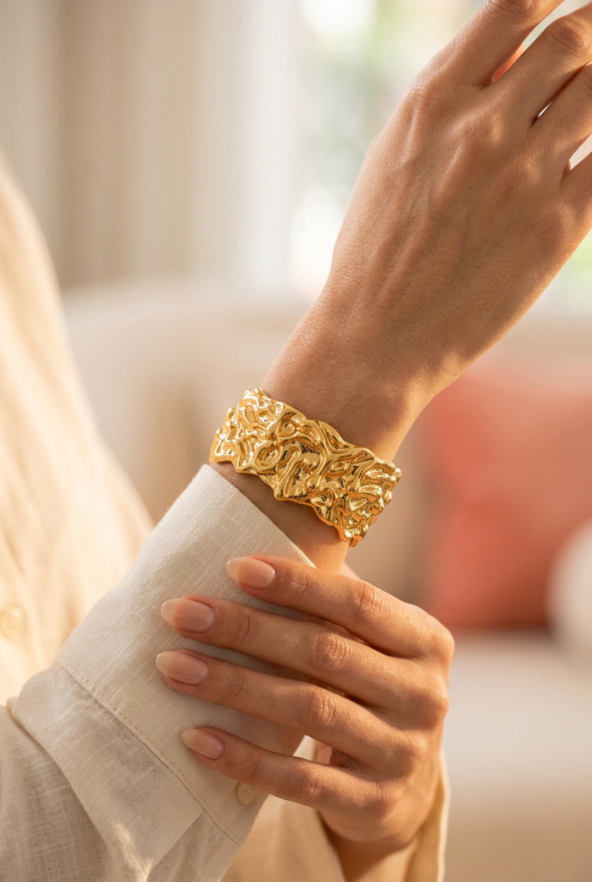 Woman wearing a wide molten gold cuff bracelet with a cream linen sleeve