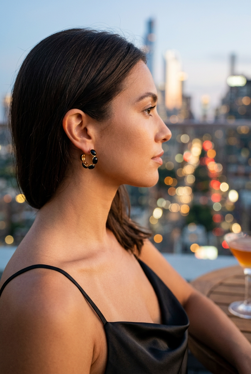 Small black pebble gold hoops worn on an evening rooftop