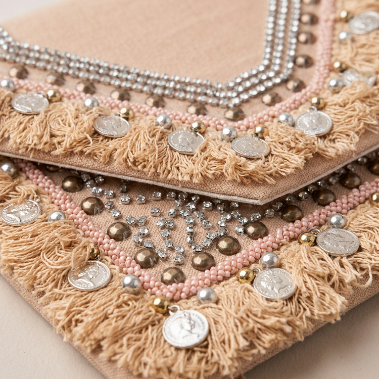 Blush beadwork rhinestones coin charms and fringe, AI-generated detail image
