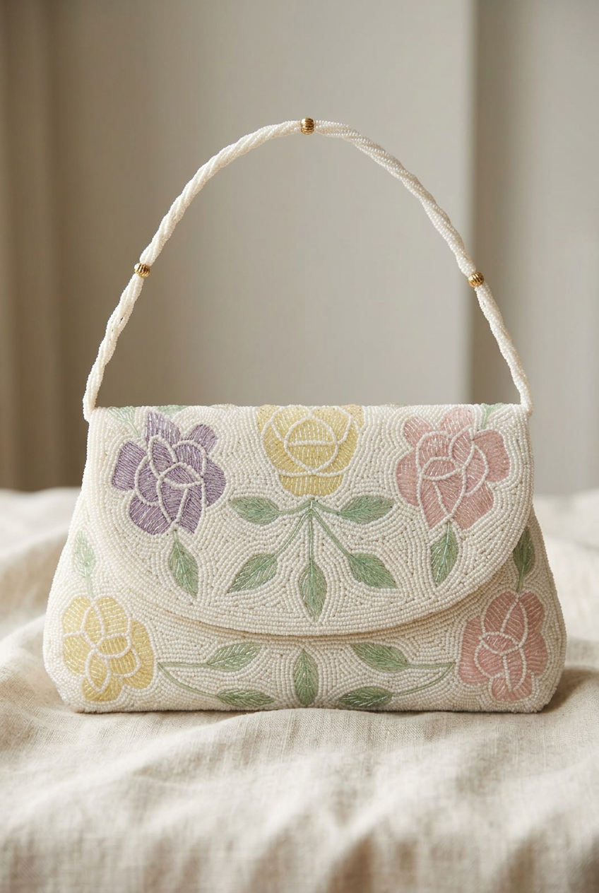 Petal Confetti ivory pastel rose bag on linen