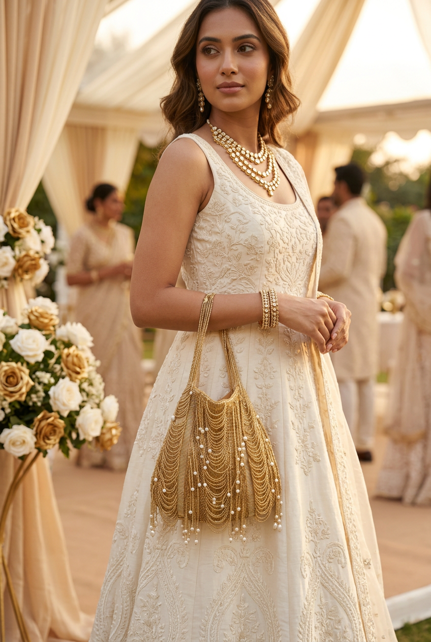 Woman in an ivory embroidered gown carrying the gold beaded potli bag by its beaded handles