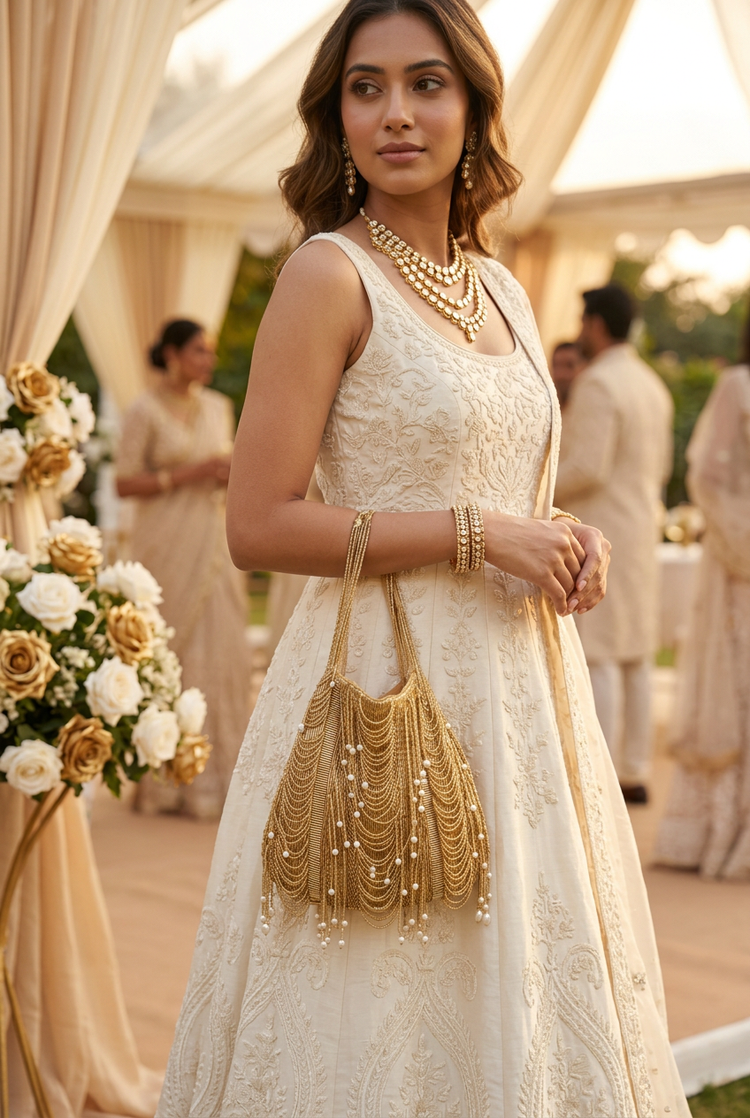 Woman in an ivory embroidered gown carrying the gold beaded potli bag by its beaded handles
