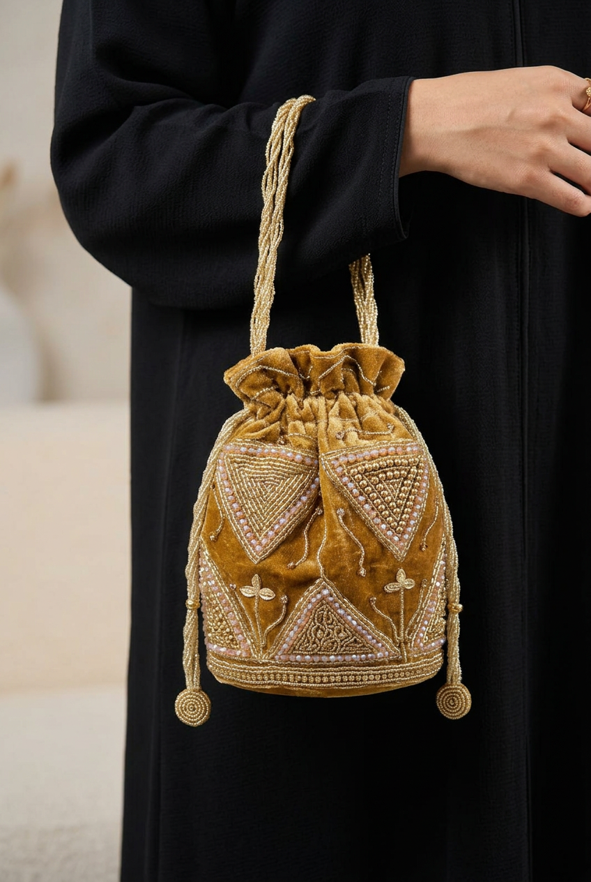Golden Prism gold geometric beaded potli styled with an abaya