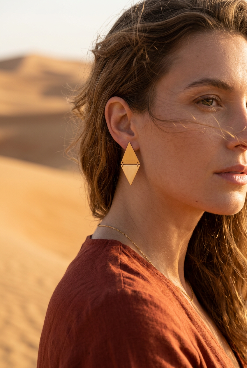 Brushed gold diamond earrings worn in the desert at golden hour