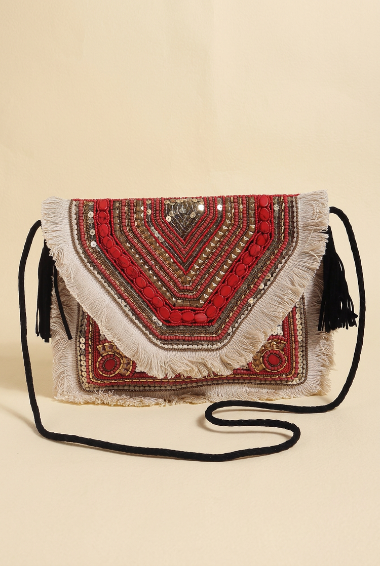 Beige Chevron clutch with black fabric strap, cream studio