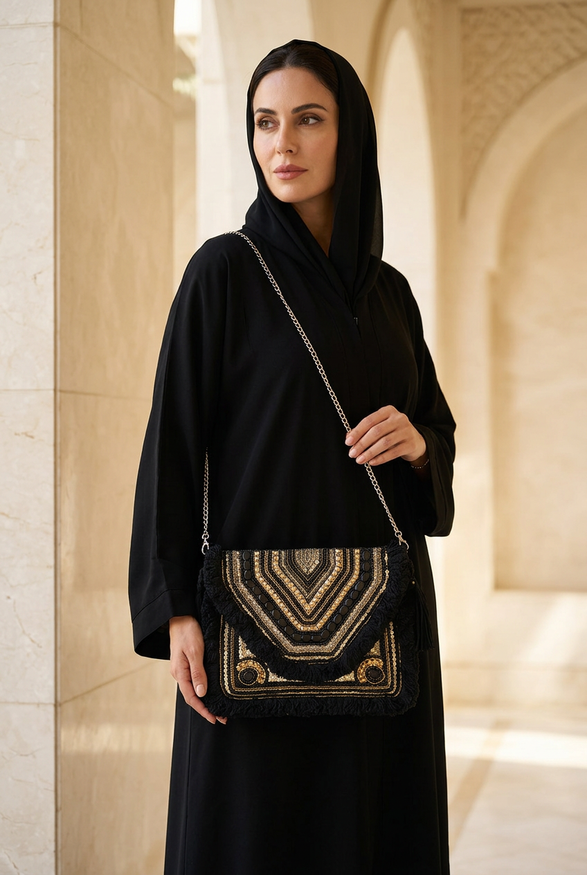 Black & Gold chevron clutch styled with black abaya