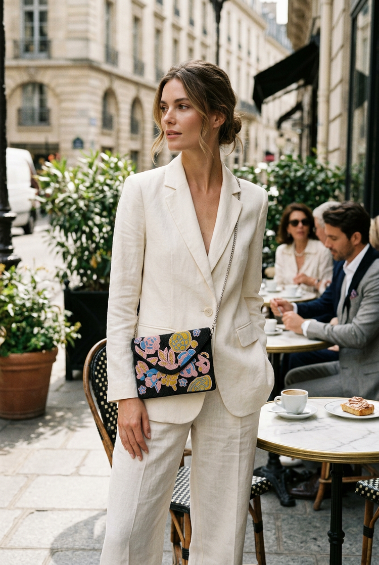 Noor compact floral bag styled with ivory linen
