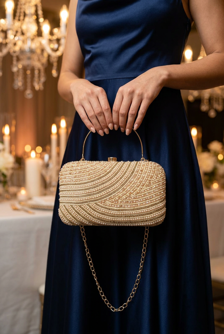 Satin Current Gold wave beaded clutch at an evening reception