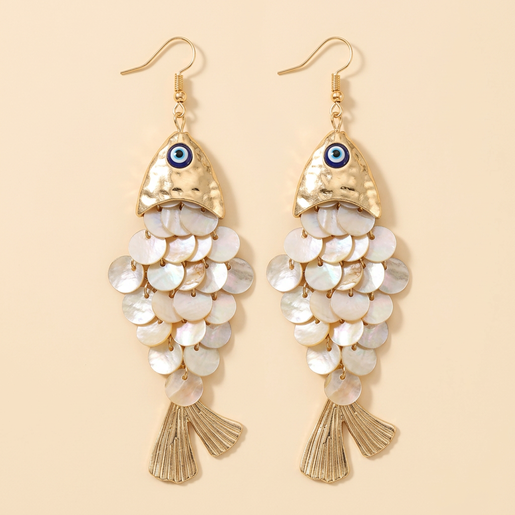 Hanging fish earrings with hammered gold heads, blue eyes, pearly overlapping discs and gold fan tails