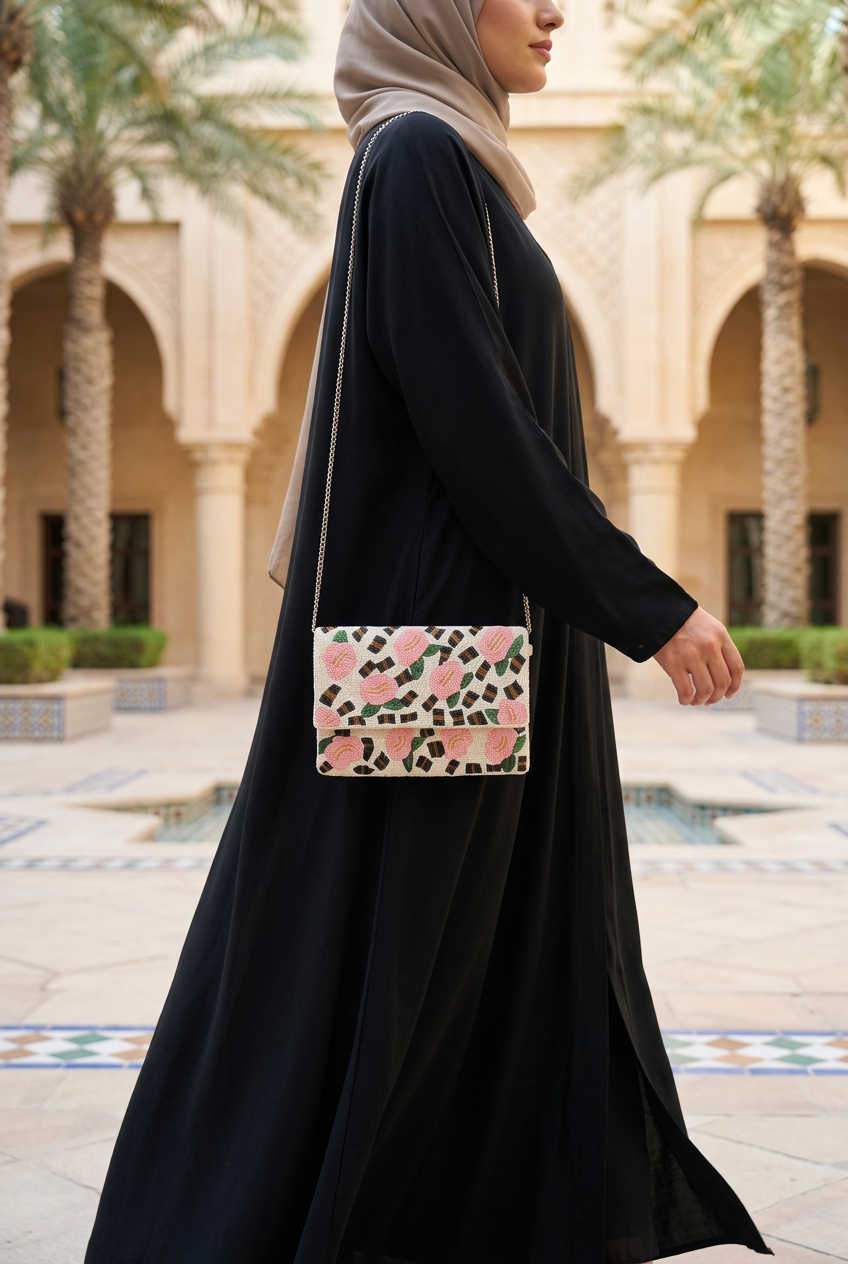 Rosalie pink rose bag styled with black abaya