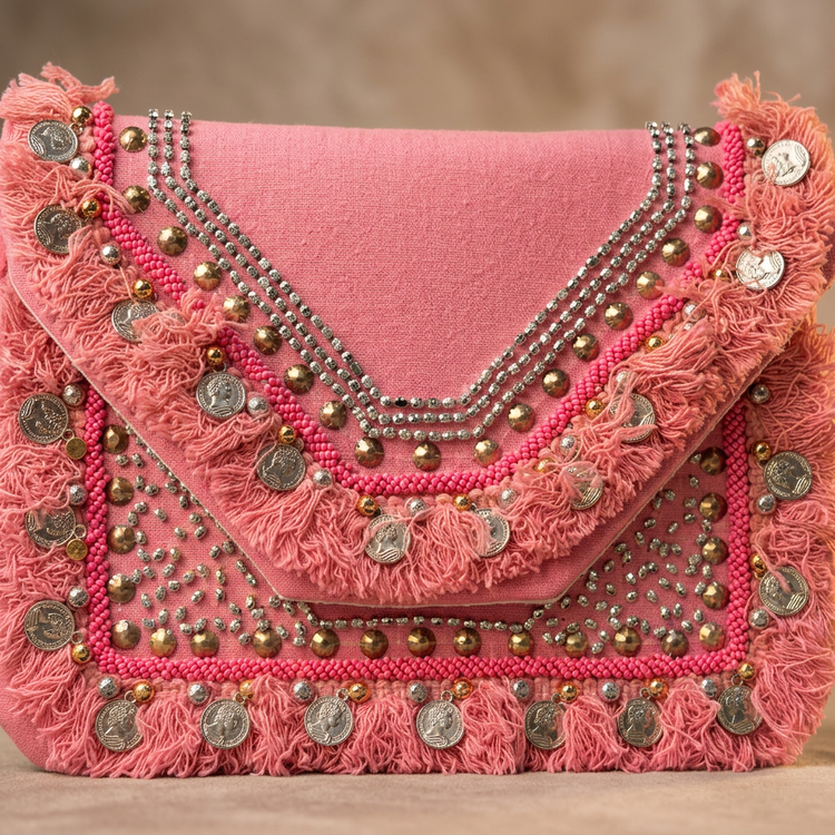 Pink fringe, coin charms and stud detailing, AI-generated detail image