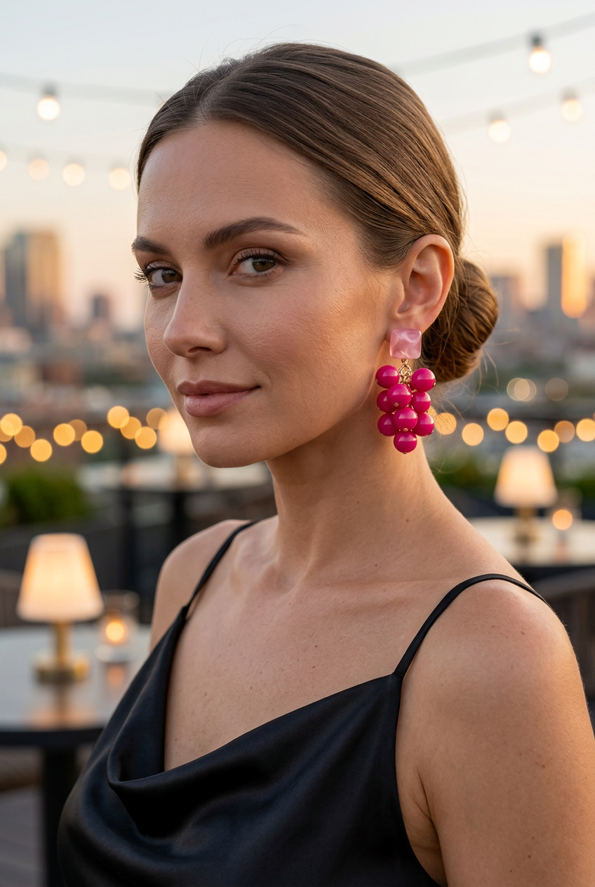 Pink berry cluster earrings worn with black satin on a rooftop