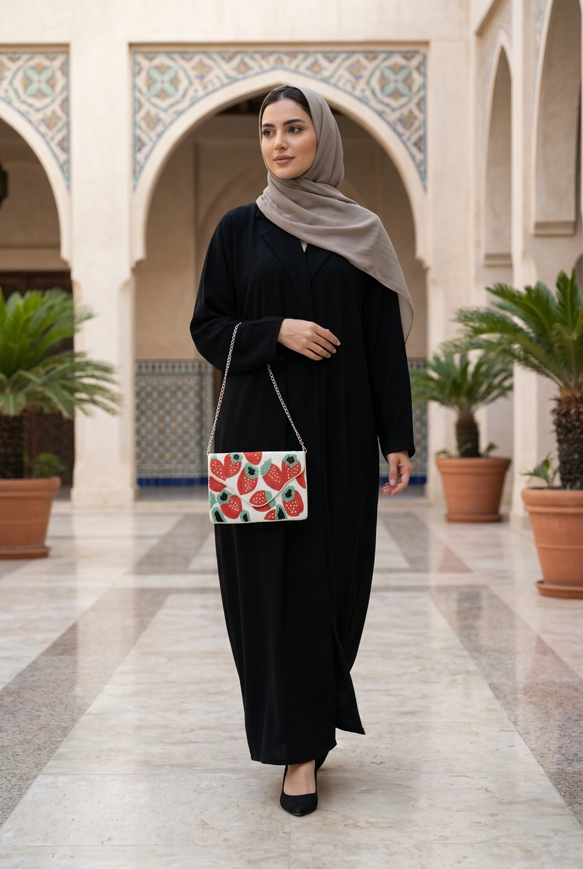 Fraise strawberry bag styled with black abaya