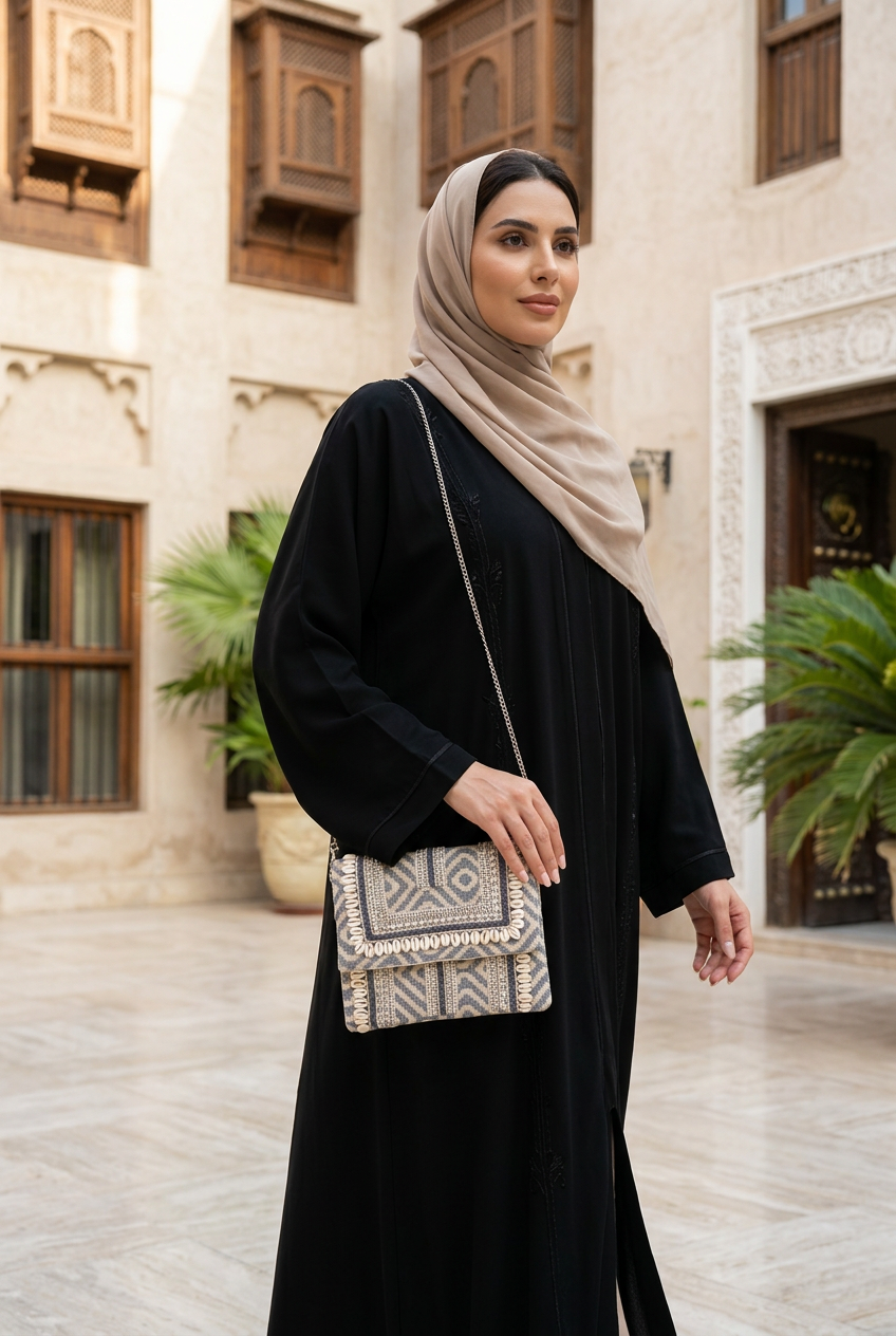 Cove ivory and grey bag styled with black abaya