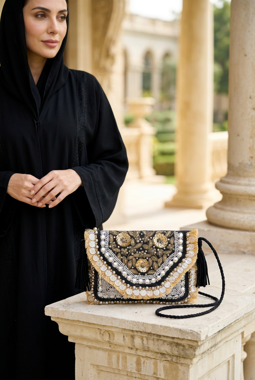 Golden Nocturne bag styled with black abaya