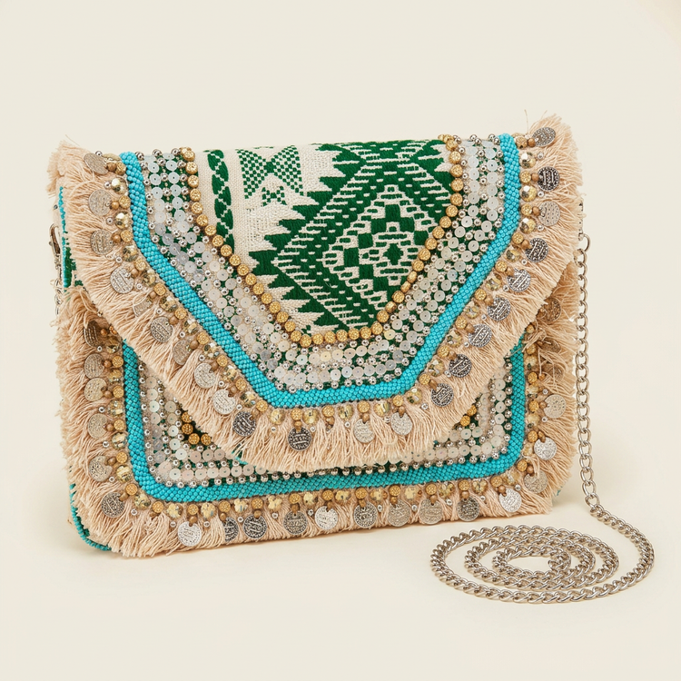 Green and turquoise coin fringe clutch, AI-generated studio image
