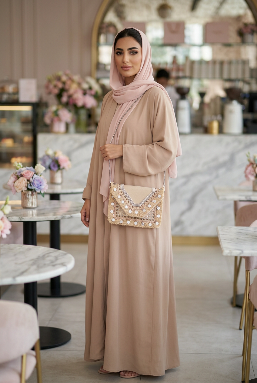 Blush beige coin and fringe boho clutch on a chain with a nude-beige abaya and blush shayla in a pastel café