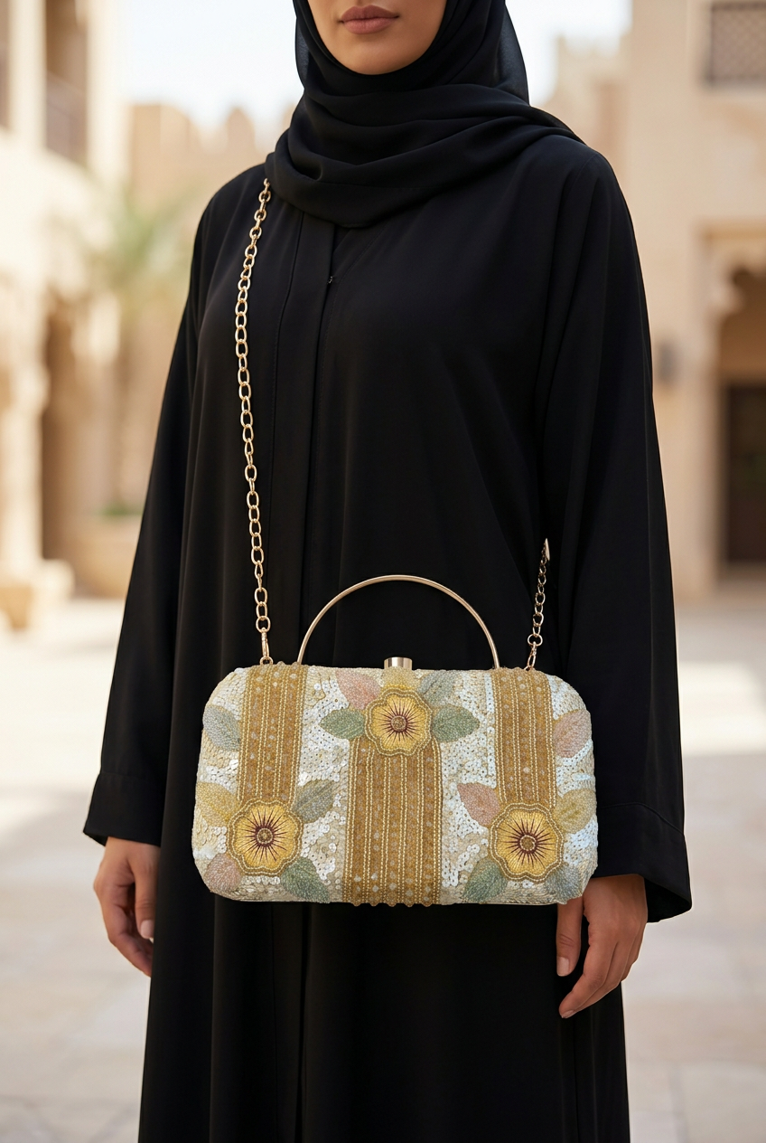 Pastel Bloom Gold, black abaya styling