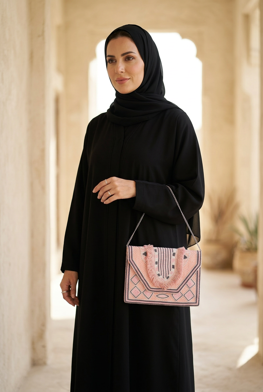 Sunset Beat blush pink bag, abaya lifestyle