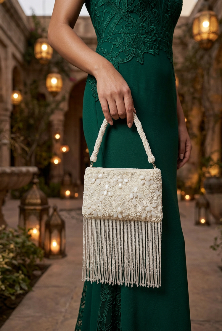 Ivory beaded fringe bag styled with emerald occasionwear