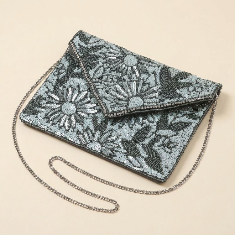 Moonlit Bloom charcoal floral sequin bag on cream studio background