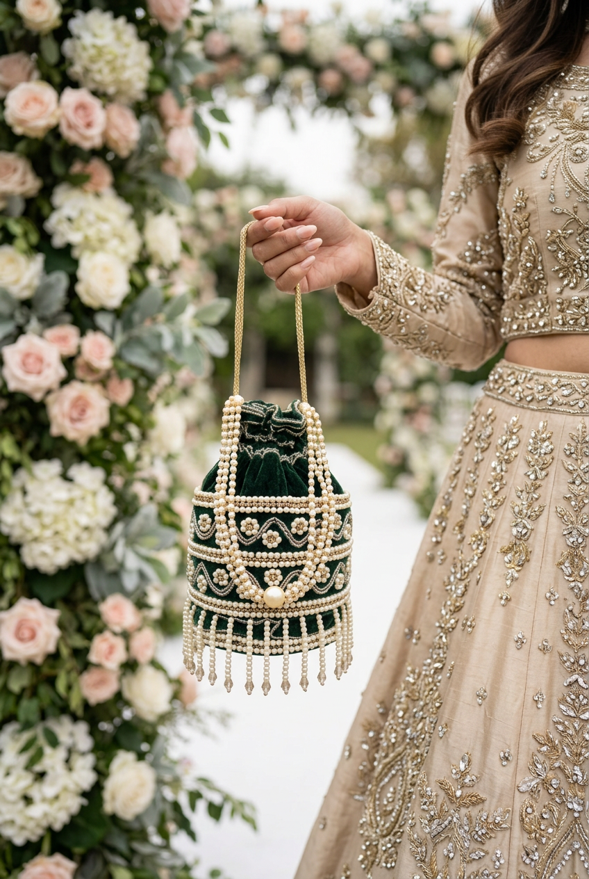 Emerald Soirée green pearl beaded potli styled for a garden wedding