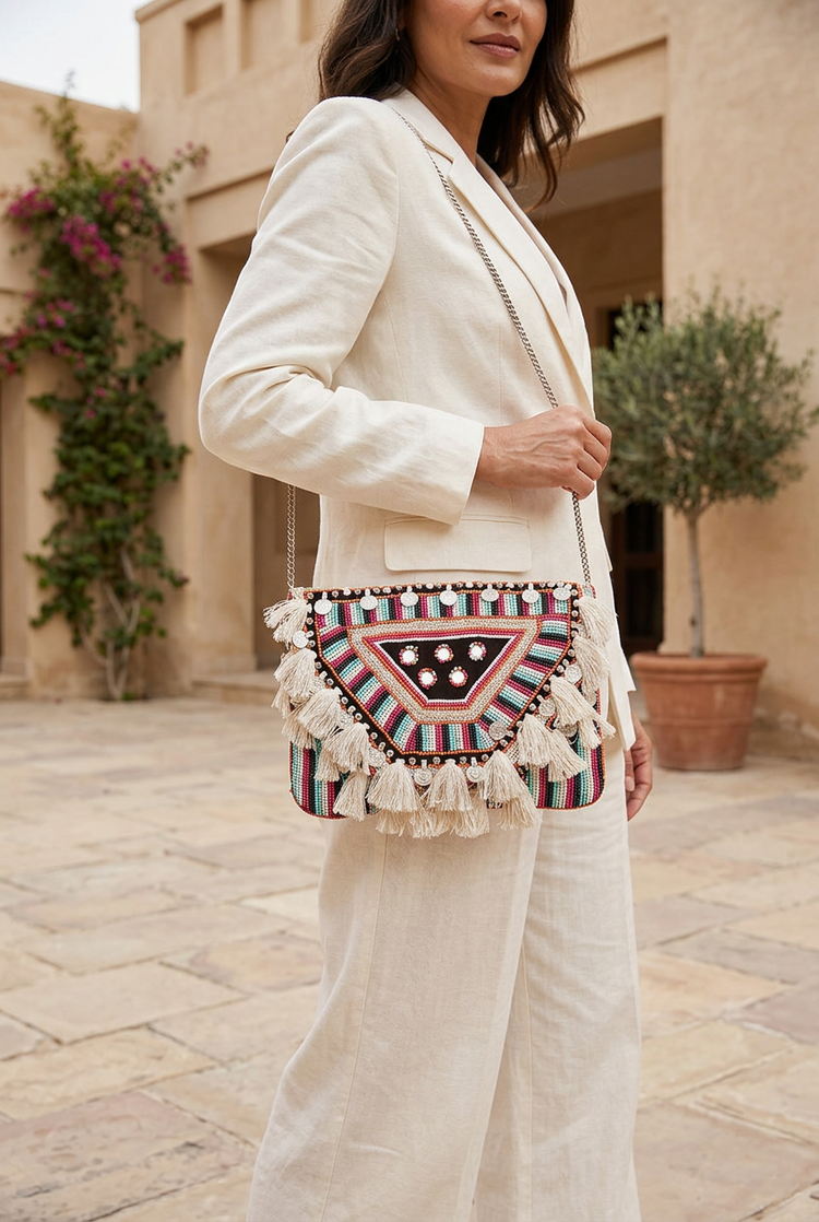 Tribal Prism bag styled with ivory linen