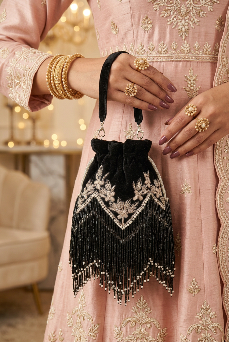 Close-up of the small black velvet embroidered potli carried with a blush festive outfit and gold jewellery