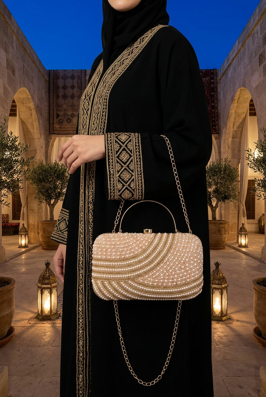 Satin Current Beige wave beaded clutch styled with an abaya