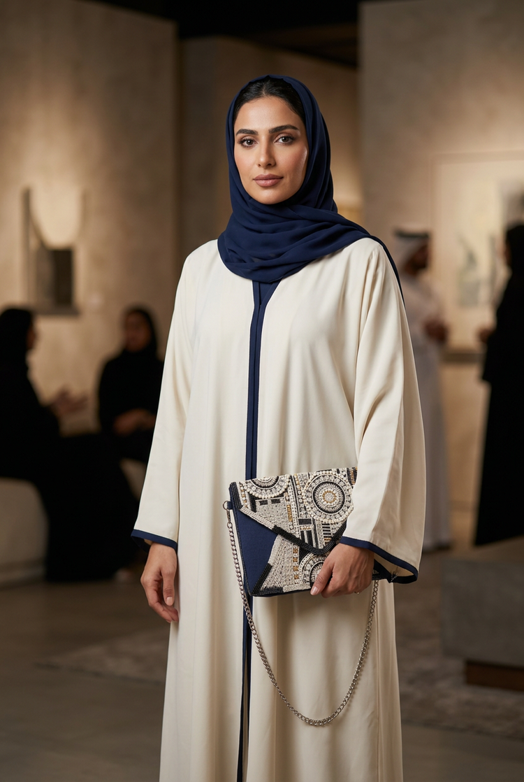 Navy geometric beaded envelope clutch held with an ivory navy-trimmed abaya and navy shayla in a gallery